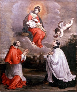 Agostino Bonisoli: Carlo Borrom�us (links) und Luigi Gonzaga beten die heilige Jungfrau an. Letztes Jahrzehnt des 17. Jahrhunderts, im Museum in Mantua